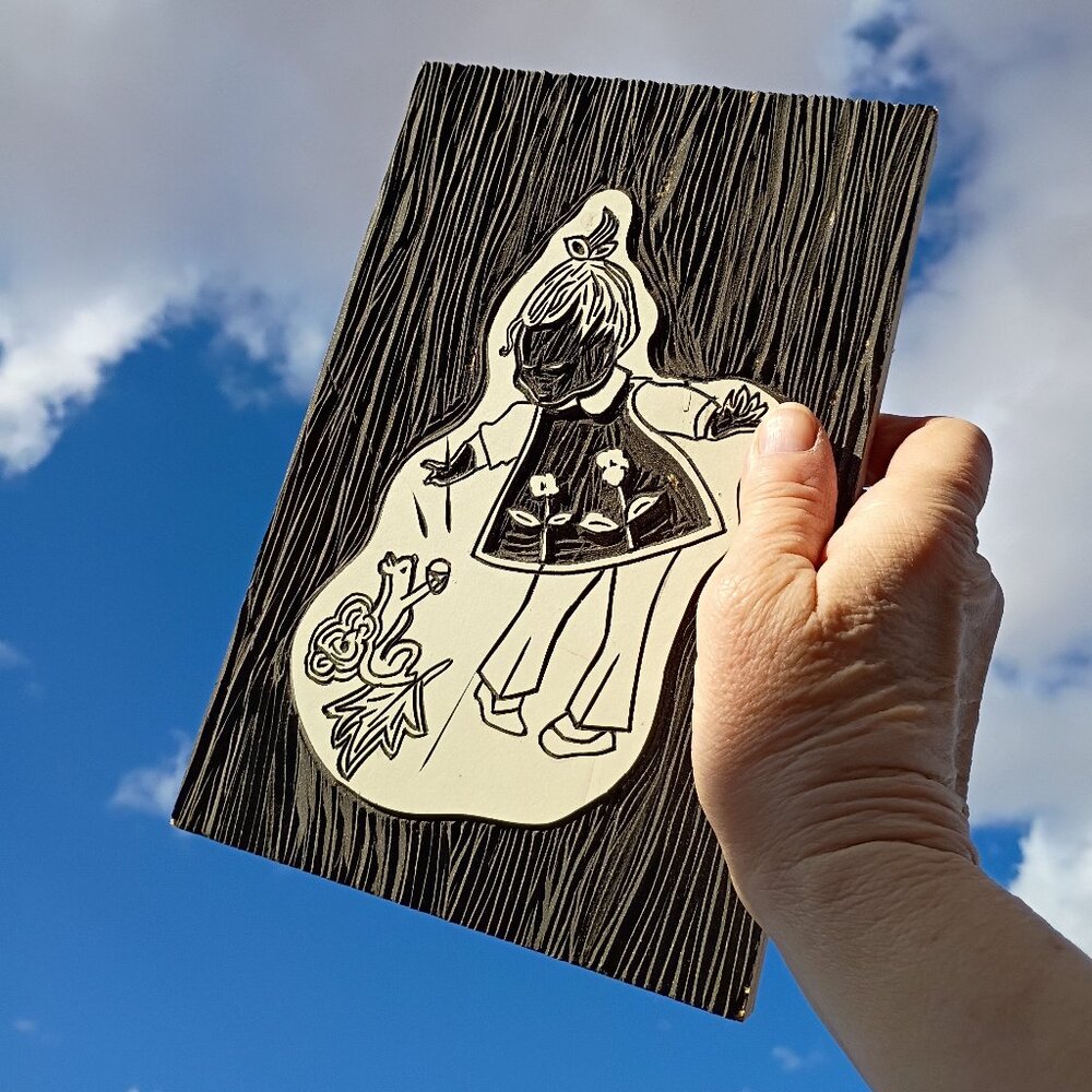 VTG Carved Wood Wall Art — Little Girl Feeding a Squirrel (Wolsey) - MCM 19988